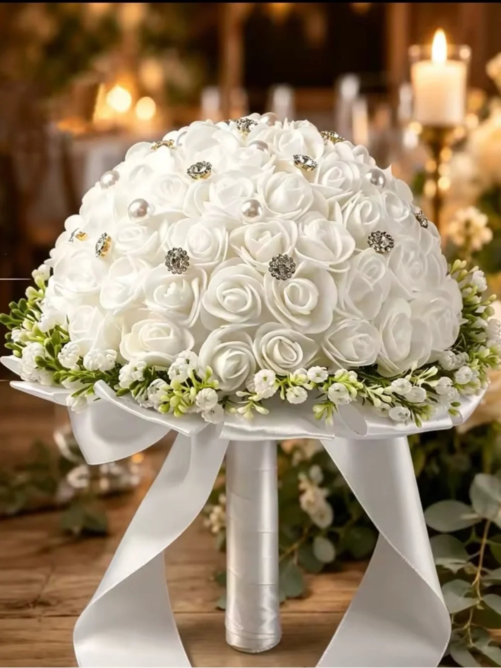 White Bridal Rose Bouquet with Pearl and Crystal Accents